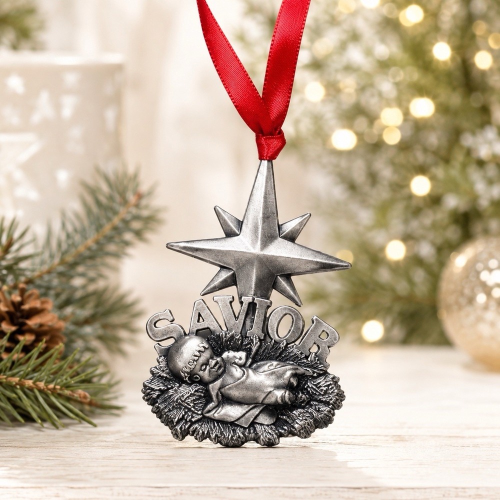 Pewter Savior Christmas Ornament Baby Jesus Star Religious Nativity Holiday